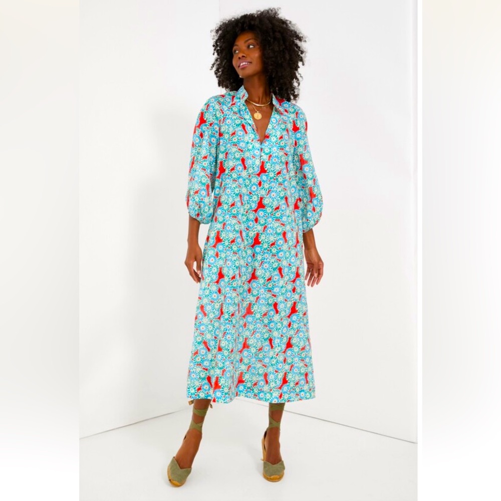 Tuckernuck Teal Floral Midi Caftan with Red Accents